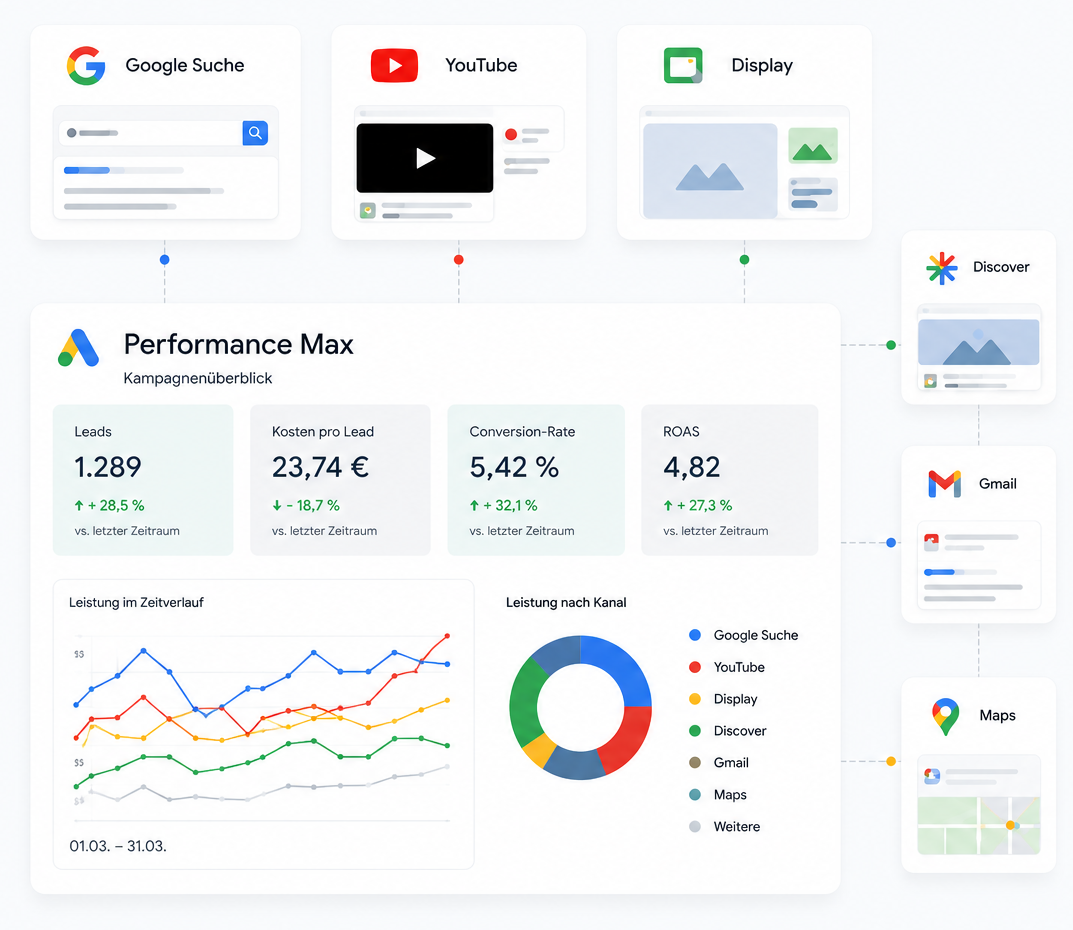 Performance Max Netzwerk über Google Search YouTube Display Discover Gmail und Maps
